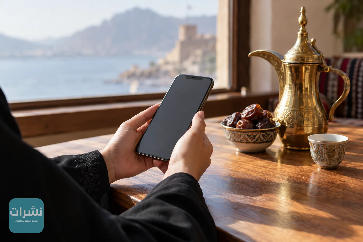 شخص يحمل هاتفًا ذكيًا على طاولة خشبية قرب نافذة في عمان
