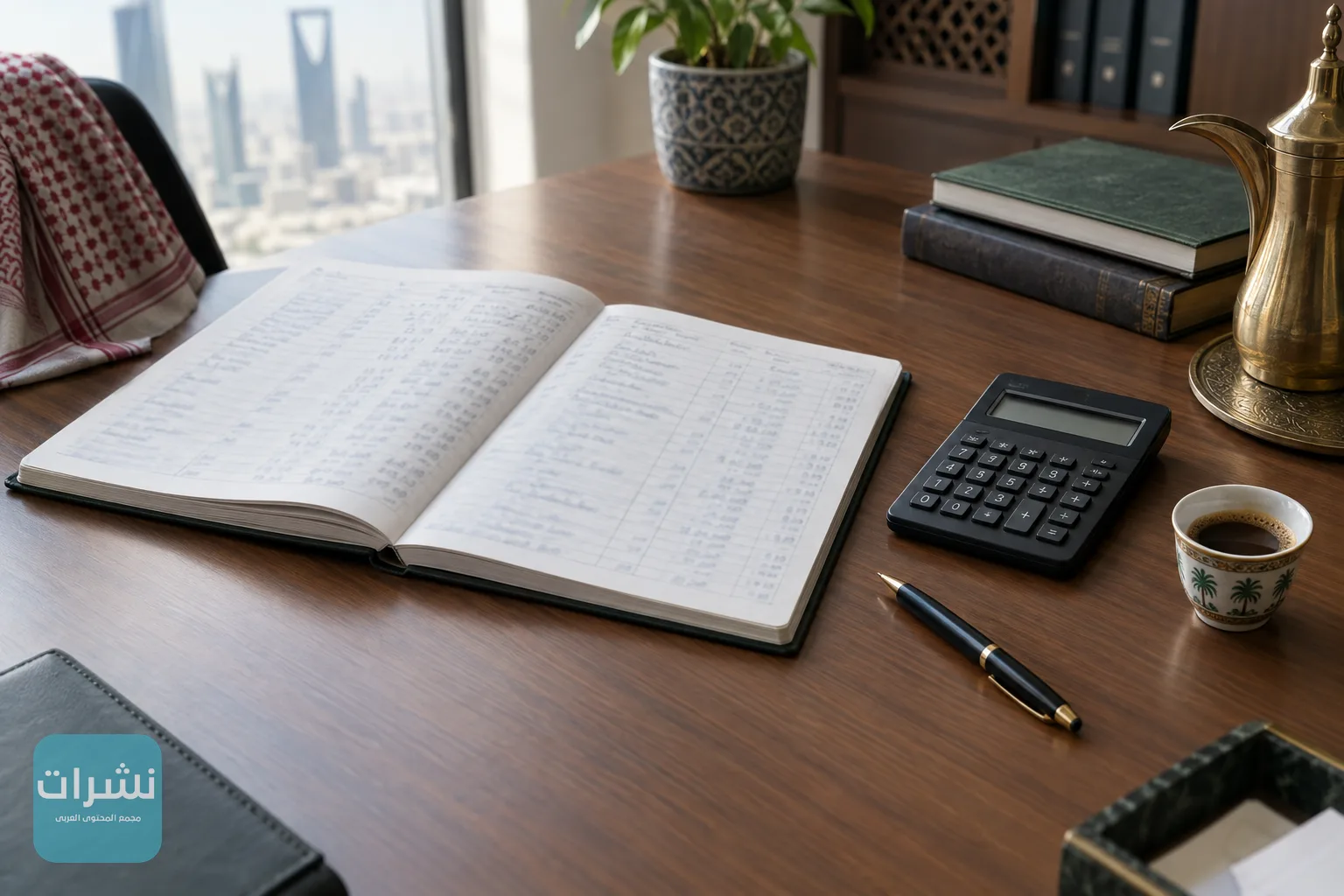 دفتر حسابات وآلة حاسبة وفنجان قهوة على مكتب محاسب