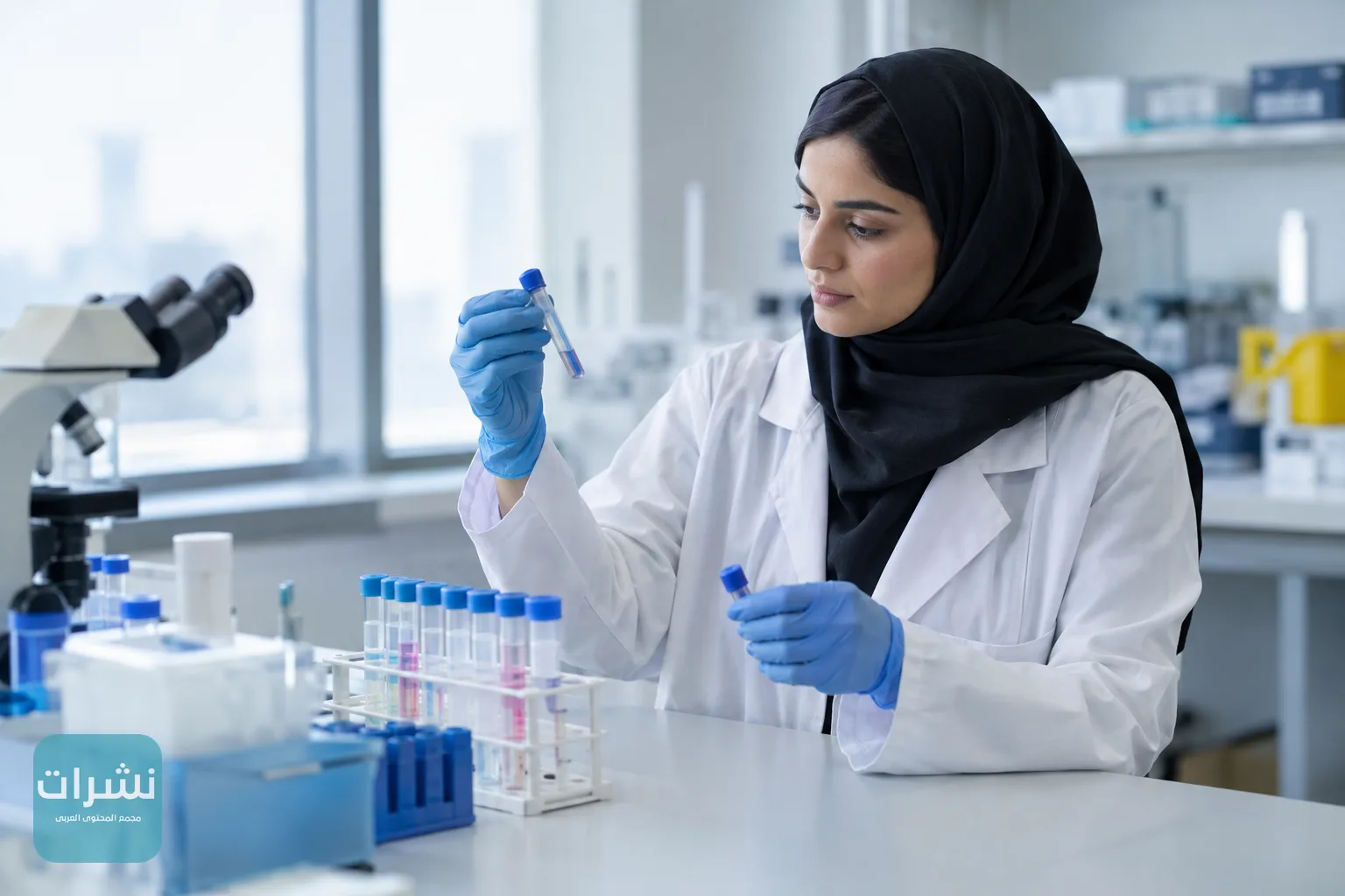 باحثة في مختبر تفحص أنابيب عينات على طاولة عمل نظيفة