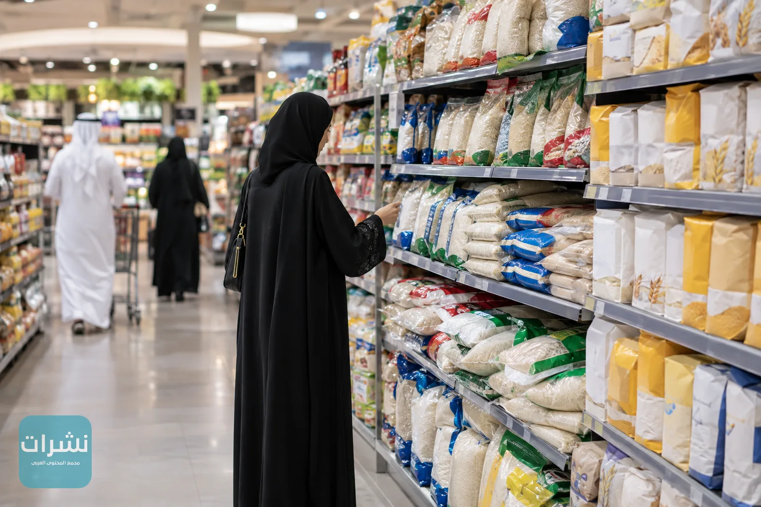 رفوف أكياس الأرز والدقيق في متجر بالإمارات
