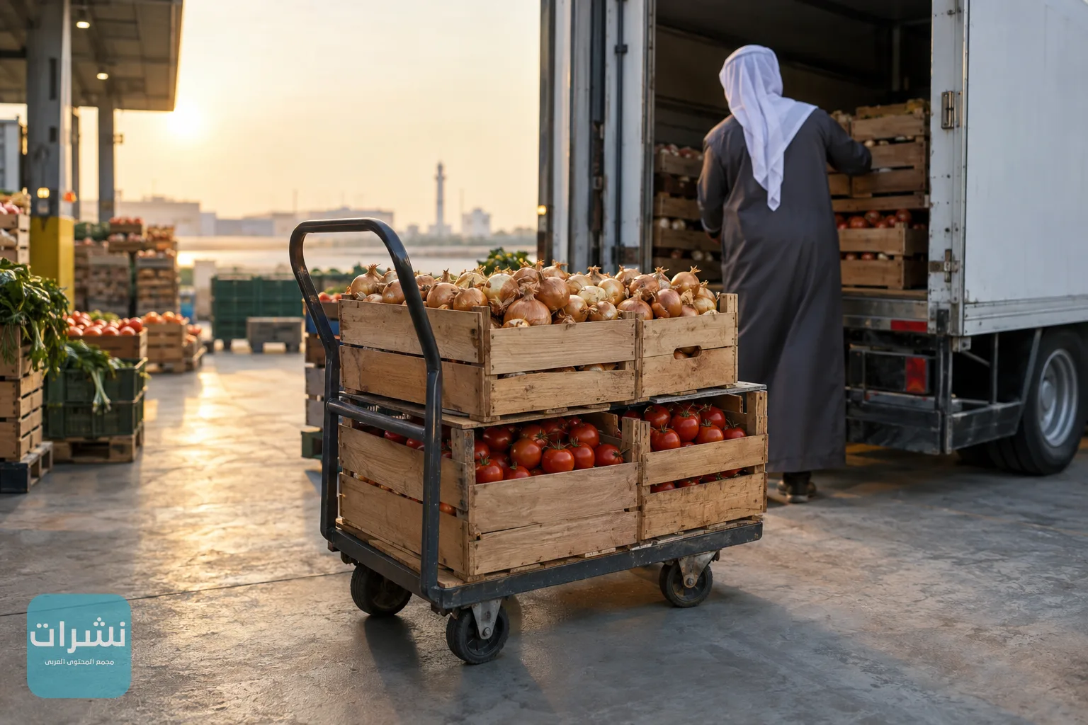 صناديق بصل وطماطم طازجة تُنزل من شاحنة توريد عند رصيف مستودع جملة في الصباح الباكر