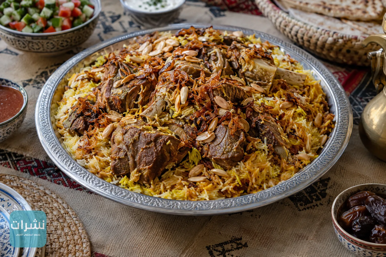 صحن كبسة سعودية بالأرز ولحم الضأن المشوي، مزيّن بالبصل المقلي والمكسرات