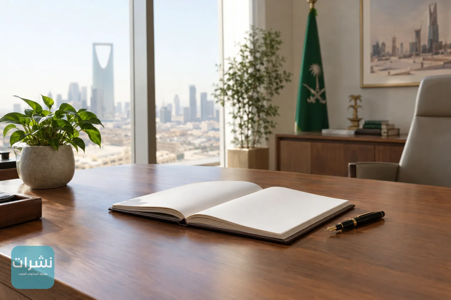 مكتب خشبي عليه دفتر مفتوح وقلم حبر في مكتب حكومي هادئ