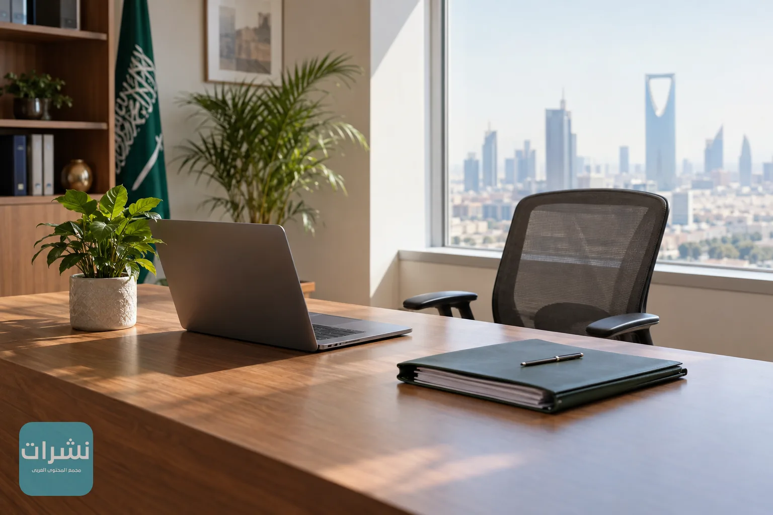 مكتب هادئ في منشأة سعودية عليه حاسوب محمول وملف أوراق بجوار نافذة مضيئة