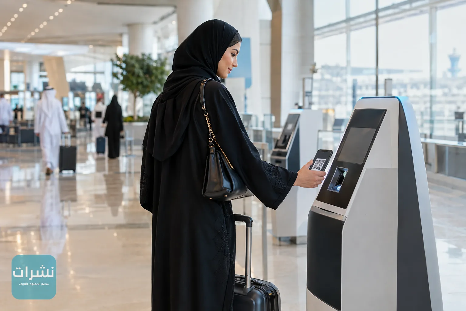 مسافر يمسح رمز الاستجابة السريعة عند جهاز خدمة ذاتية في صالة مطار حديثة