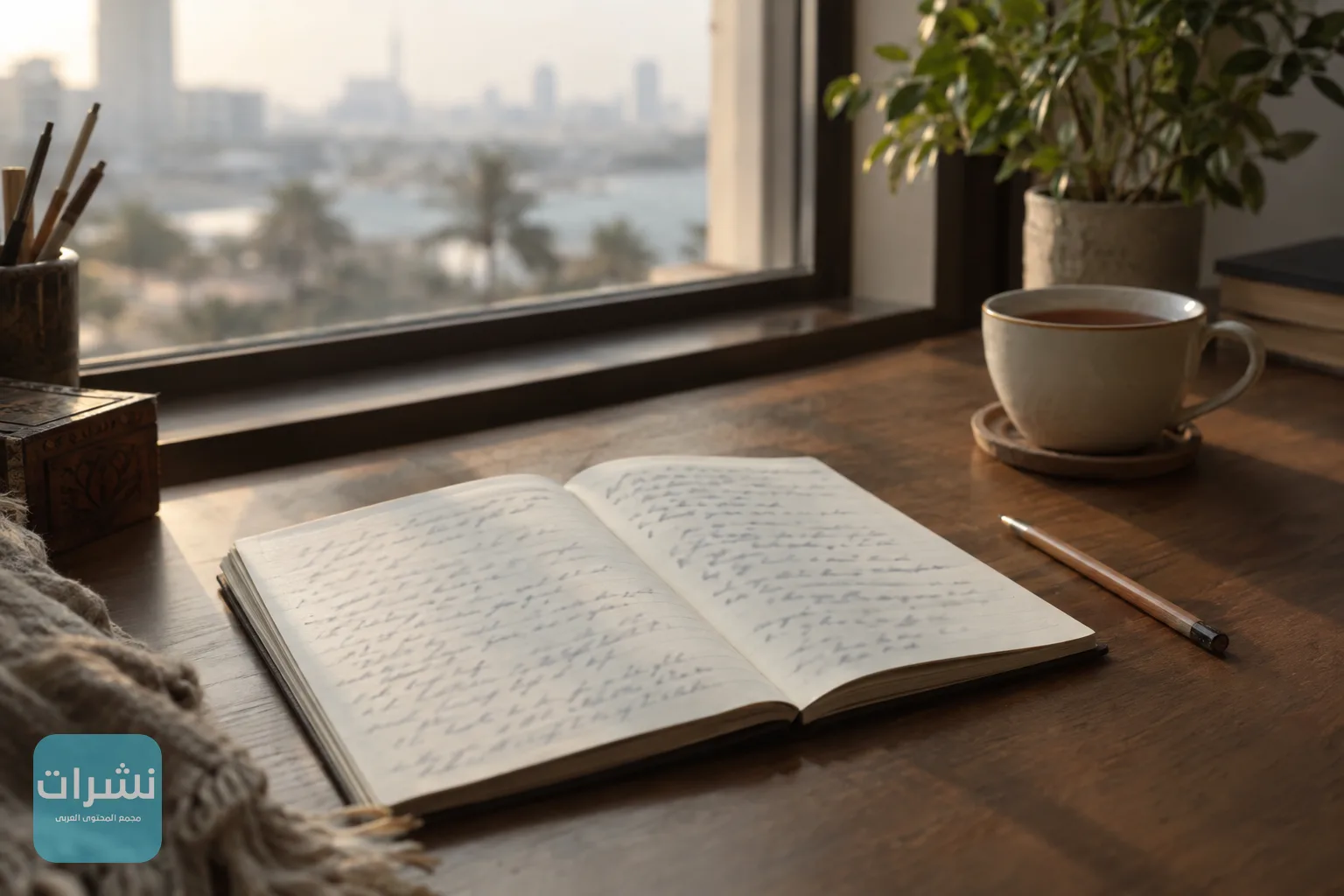 دفتر مفتوح بخط يد على مكتب خشبي قرب النافذة، يرمز إلى تدوين الأحلام وتحليل الكلمات