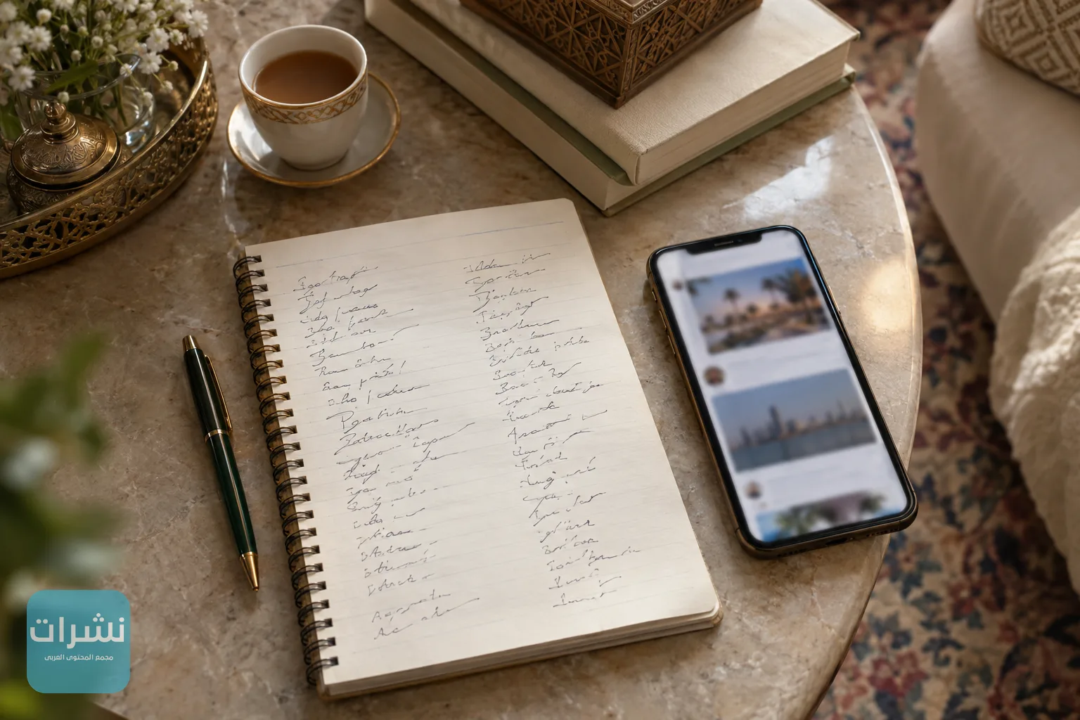 ورقة مكتوب عليها أسماء بخط اليد إلى جانب هاتف ذكي يعرض منشورات متداولة