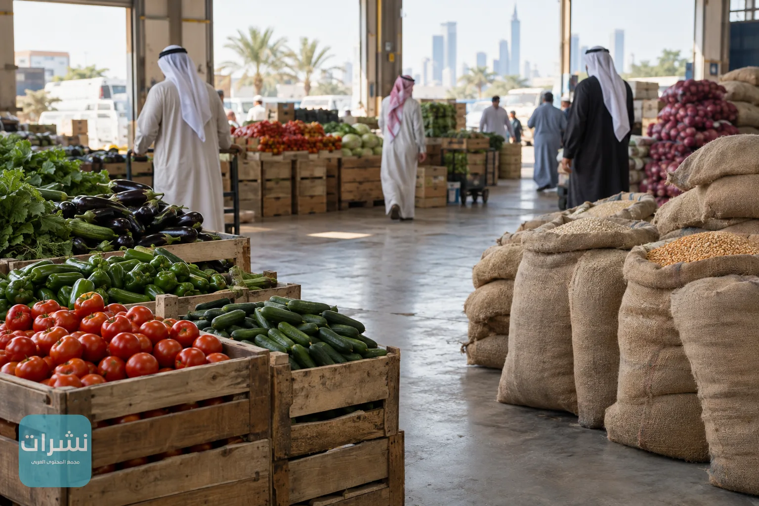 صناديق خضار طازجة وأكياس حبوب في سوق جملة، تمثل حلقات الإنتاج والنقل قبل وصول الغذاء للمطبخ