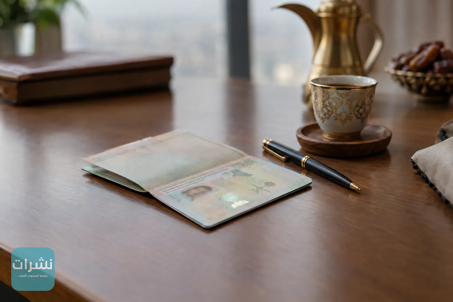 أوراق تصريح إقامة وقلم وفنجان قهوة على مكتب خشبي