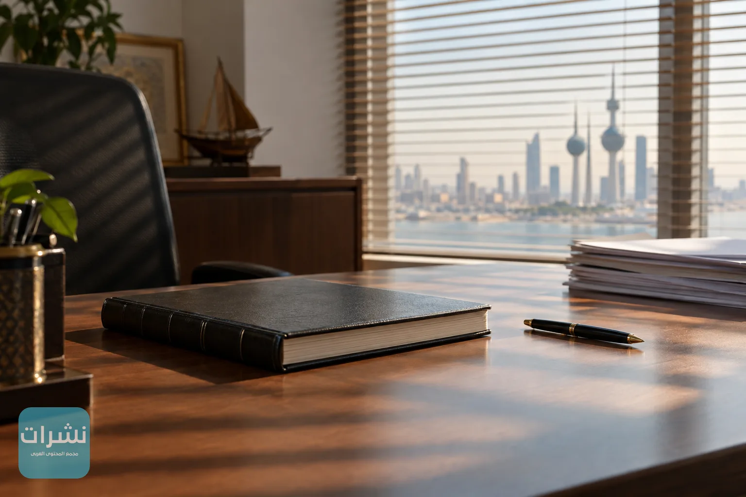 مكتب صغير في الكويت تتراكم عليه أوراق الترخيص والمستندات التجارية والدفاتر