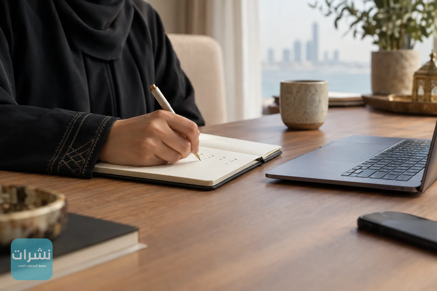 يد تكتب خطوات صغيرة مرقمة في دفتر بجانب حاسوب محمول