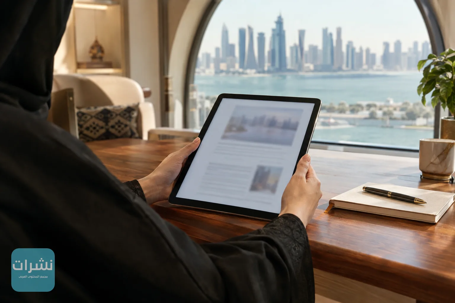 شخص يتصفح وثيقة قانونية على جهاز لوحي في مكتب بالدوحة
