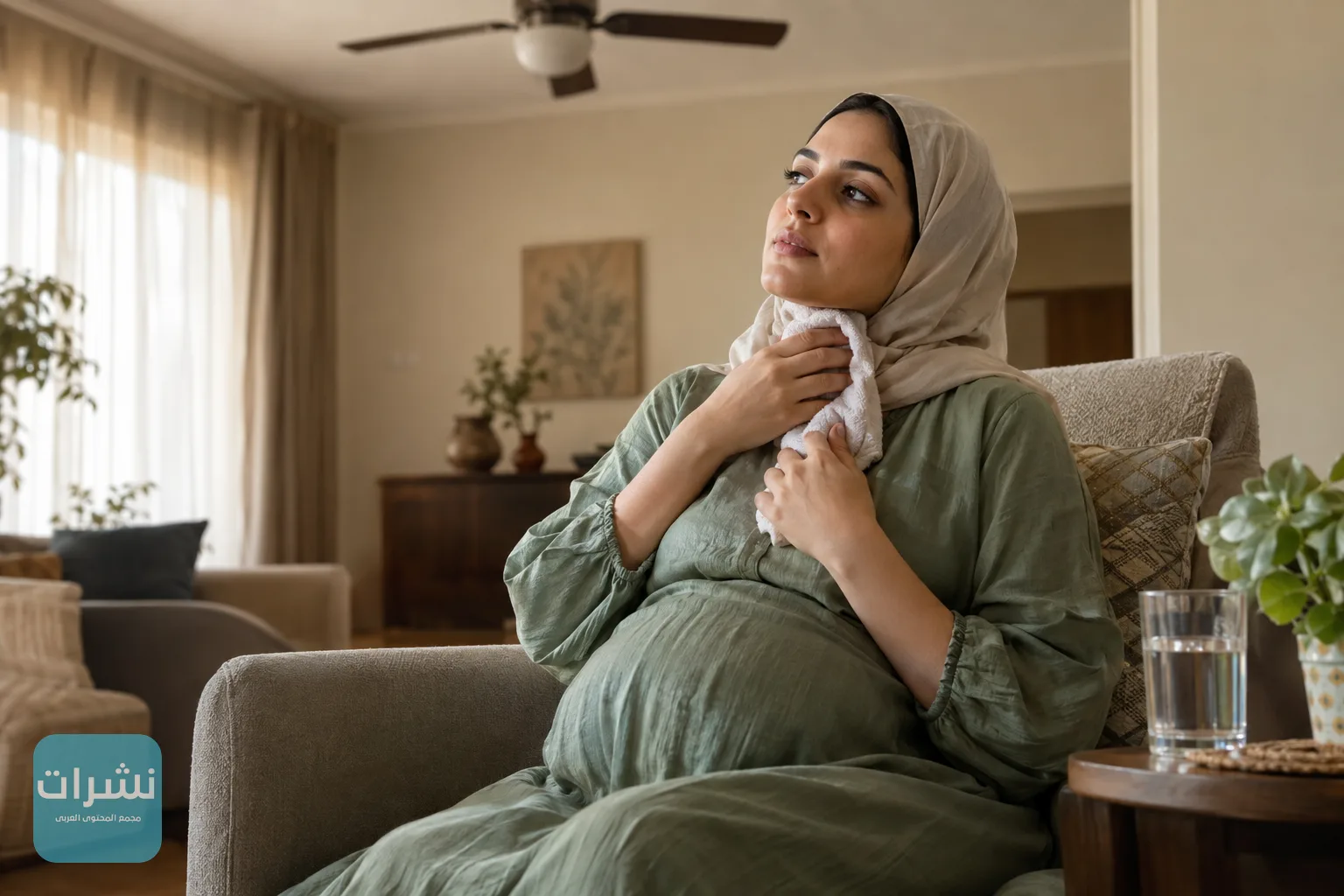 يدا حامل تضعان قطعة قماش مبللة على الرقبة لتبريد الجسم في مكان مظلل