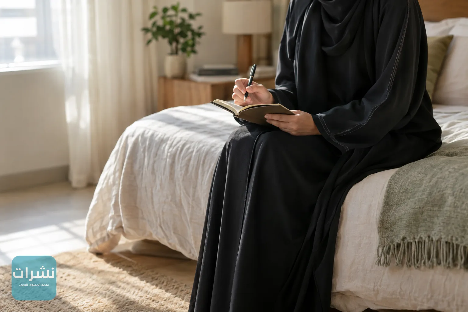 شخص يجلس على حافة السرير في الصباح الباكر ويكتب في دفتره الصغير