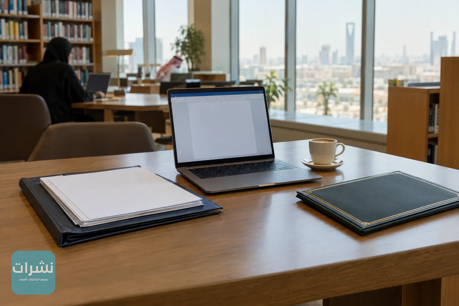 أوراق مرتبة على مكتب دراسة مع حاسوب مفتوح في مكتبة جامعية