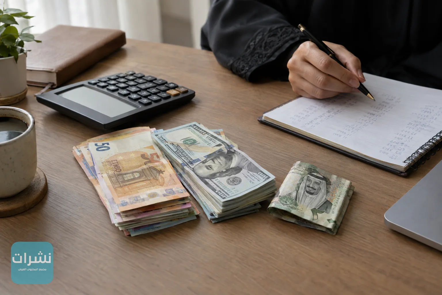 طاولة عليها آلة حاسبة وأوراق نقدية من الدولار واليورو والريال لتوضيح حساب تحويل العملات