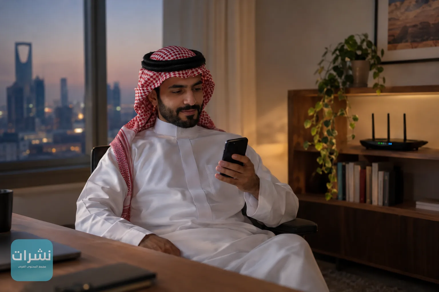 شخص في مكتب منزلي يتصفح هاتفه بجوار جهاز توجيه الإنترنت وأضواؤه تومض