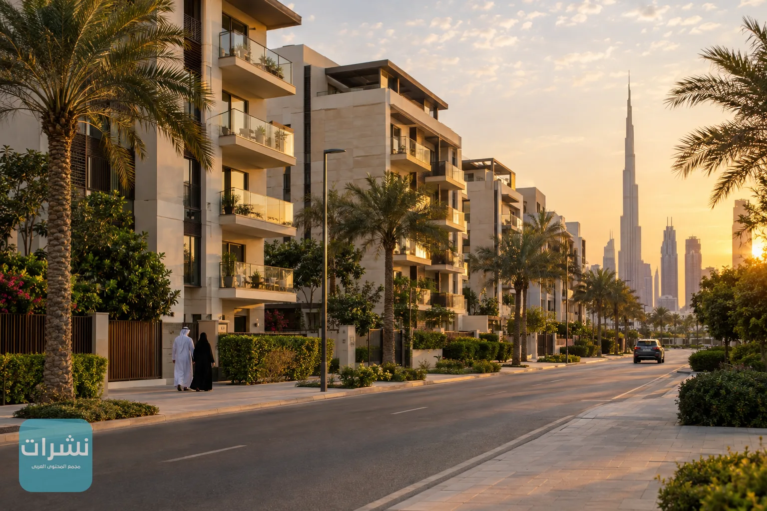 مبانٍ سكنية متوسطة الارتفاع في أحد أحياء دبي عند الغروب