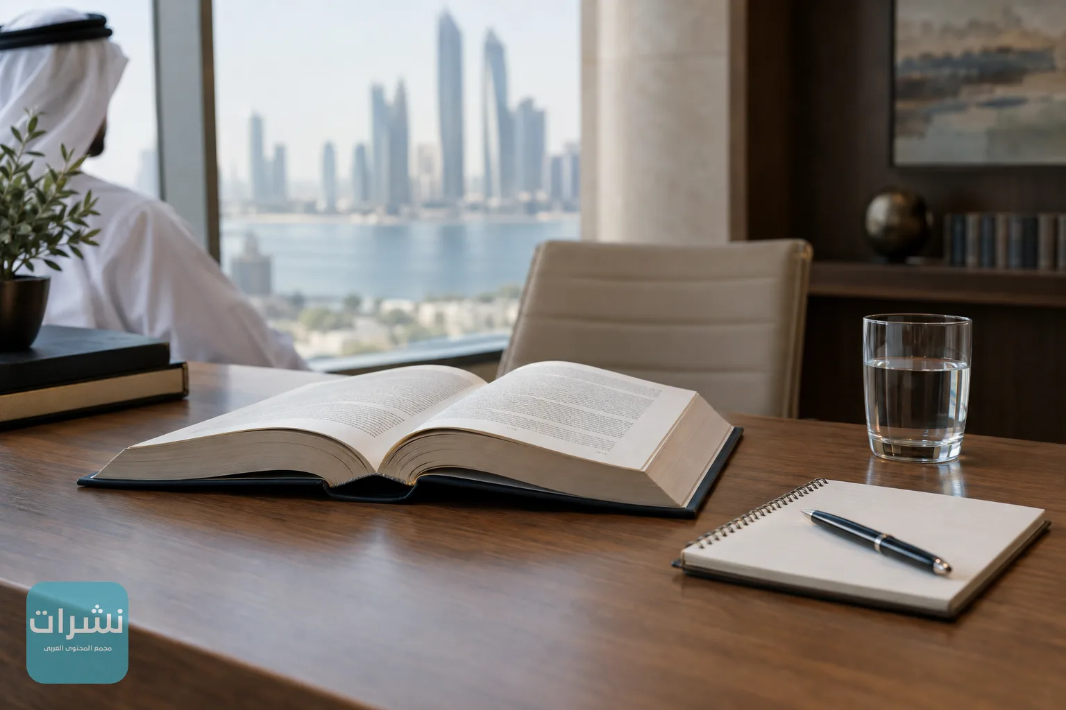 كتاب قانون مفتوح على مكتب خشبي بجانب دفتر ملاحظات