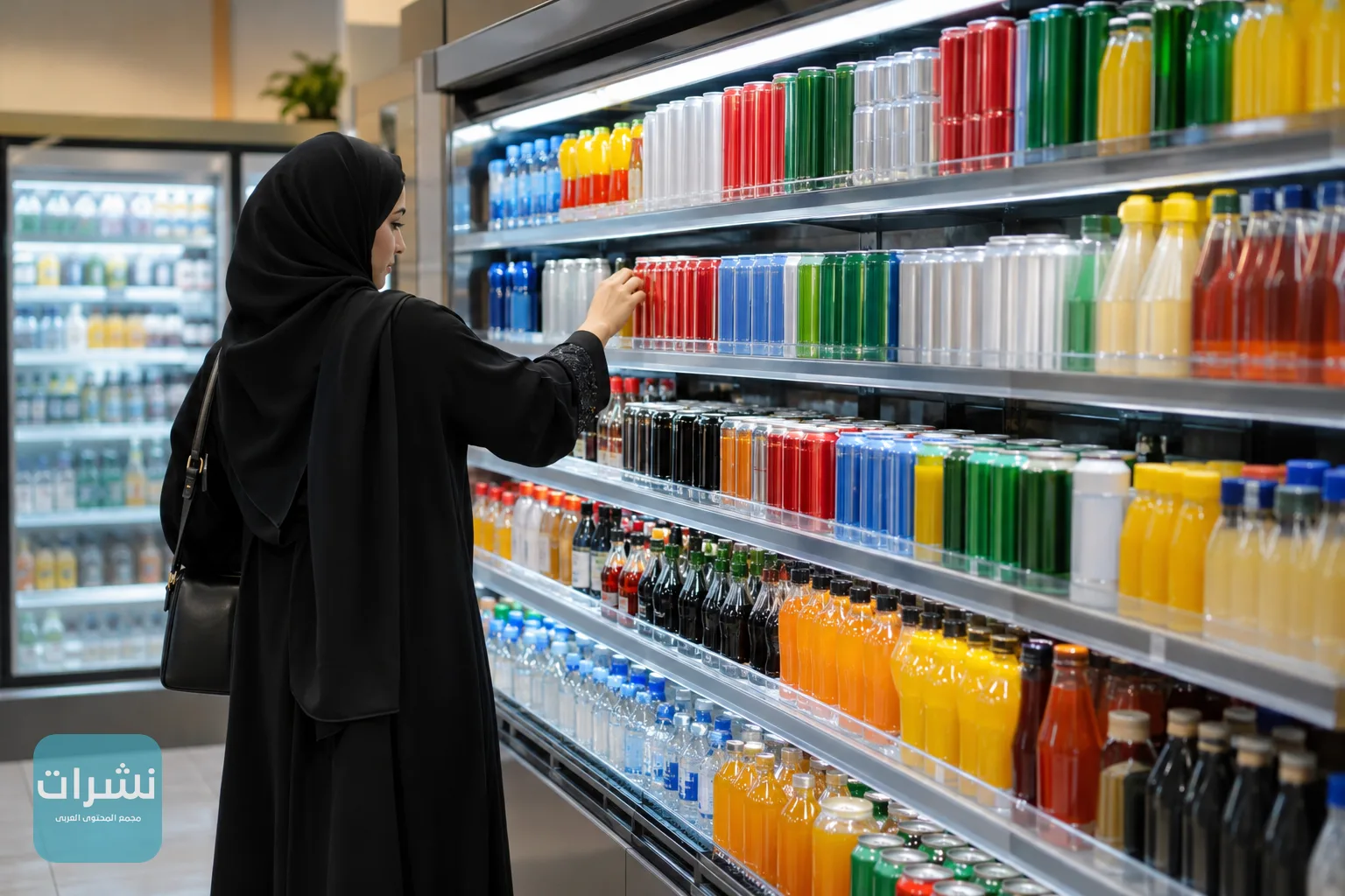 رفوف مشروبات في متجر بقالة كويتي، ترمز إلى منتجات قد تشملها الضريبة