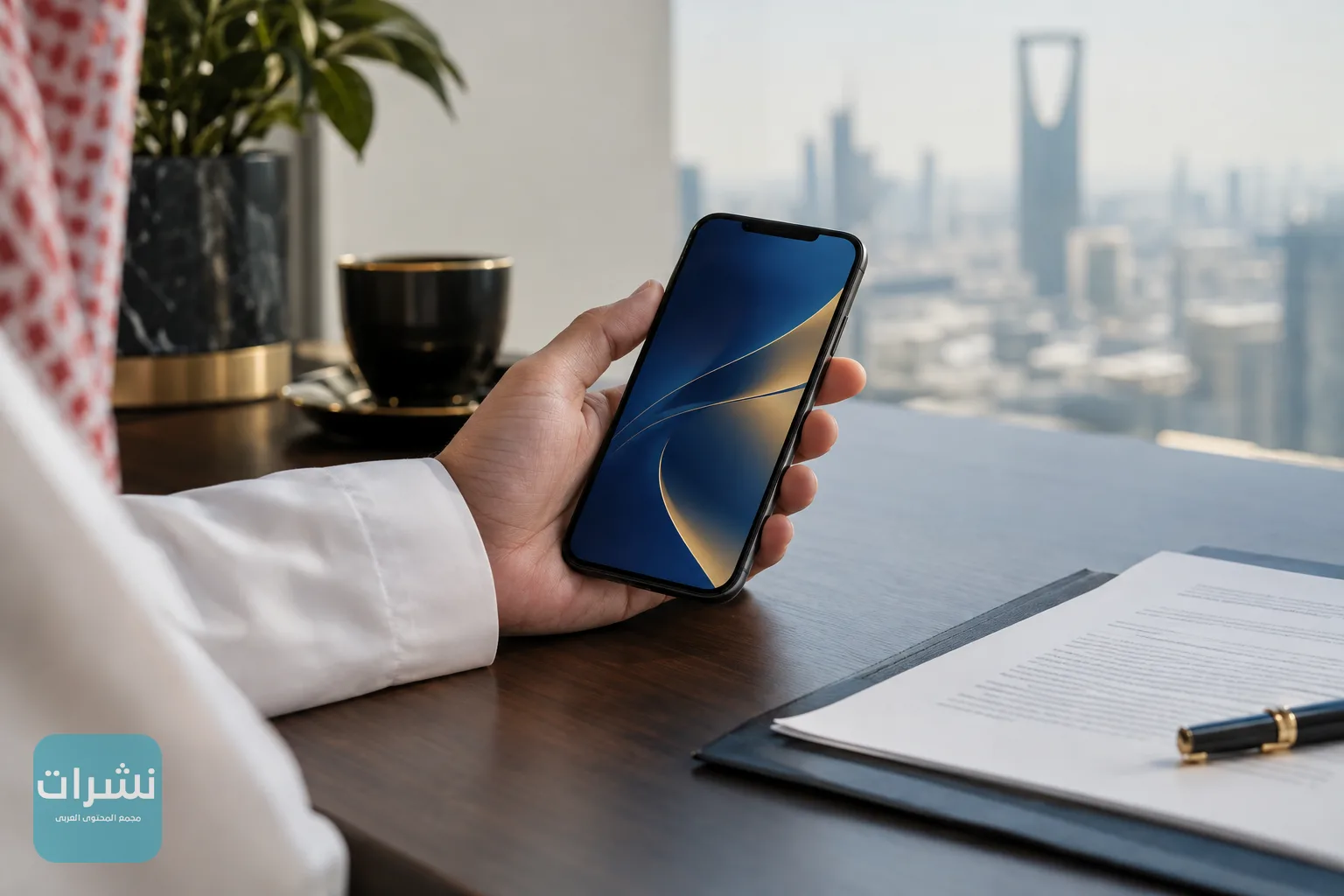 يد تمسك هاتفًا ذكيًا قرب وثائق مكتبية تعبيرًا عن متابعة التنظيمات المالية الرقمية