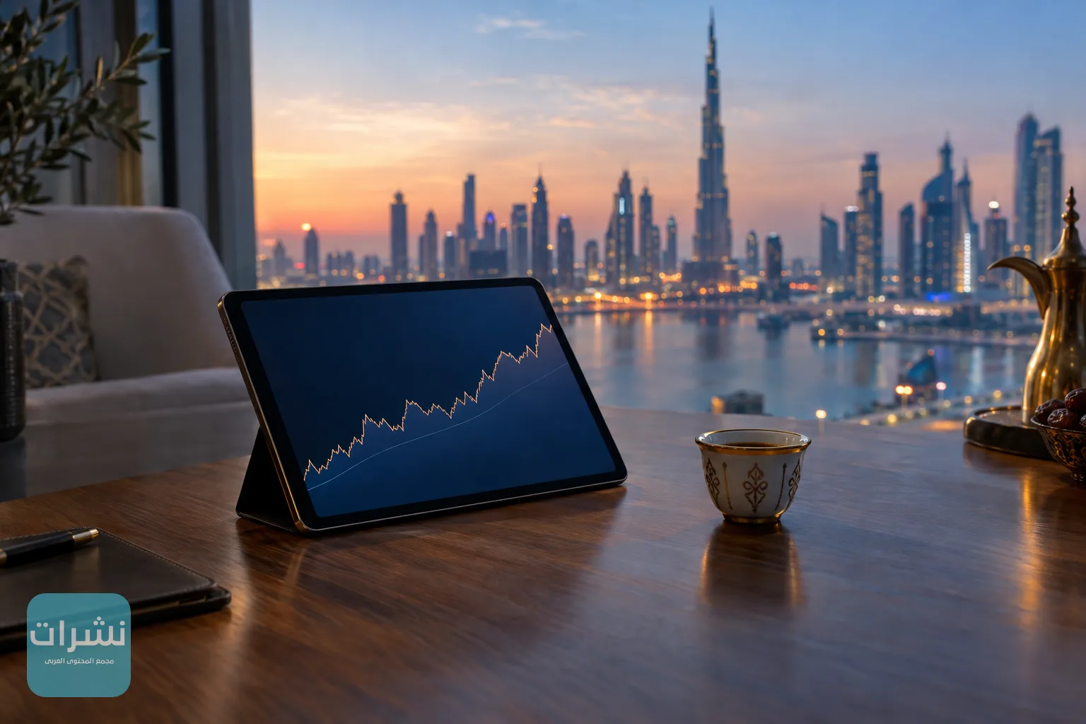 لوحة إلكترونية تعرض خطًا بيانيًا مستقرًا قرب فنجان قهوة وأفق مدينة عند الغروب