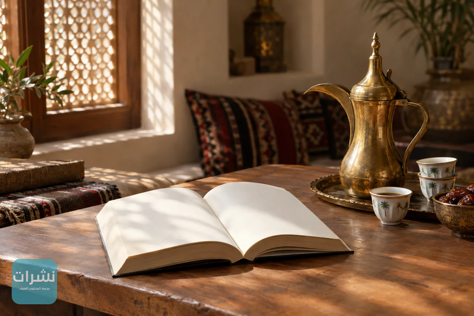 كتاب مفتوح على طاولة خشبية بجانب دلة قهوة عربية قرب نافذة مشبكة