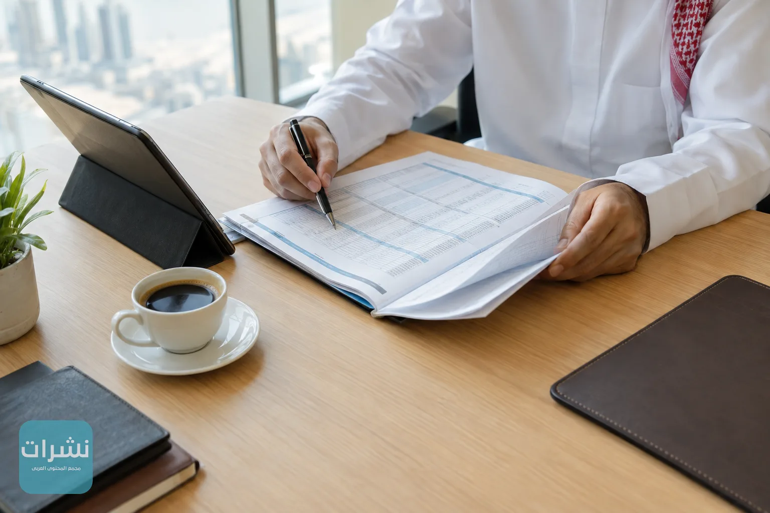يدان تراجعان دفترًا محاسبيًا بجوار جهاز لوحي في مكتب بالإمارات