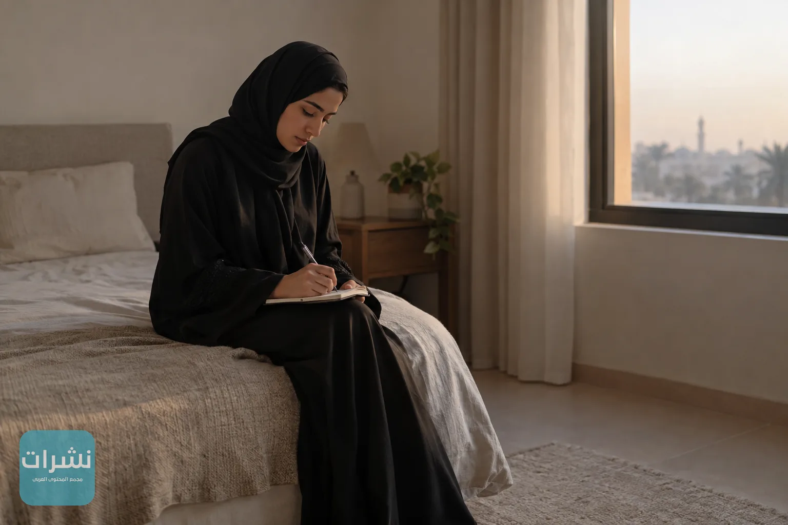 امرأة تدوّن ملاحظاتها في دفتر وهي جالسة على طرف السرير في ضوء الصباح الخافت