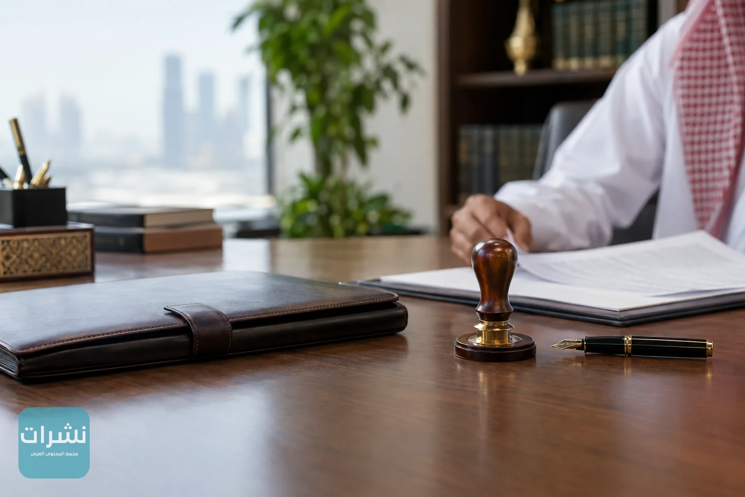 مكتب قانوني هادئ تظهر عليه أوراق تجارية وختم رسمي وقلم، بإضاءة طبيعية من النافذة.