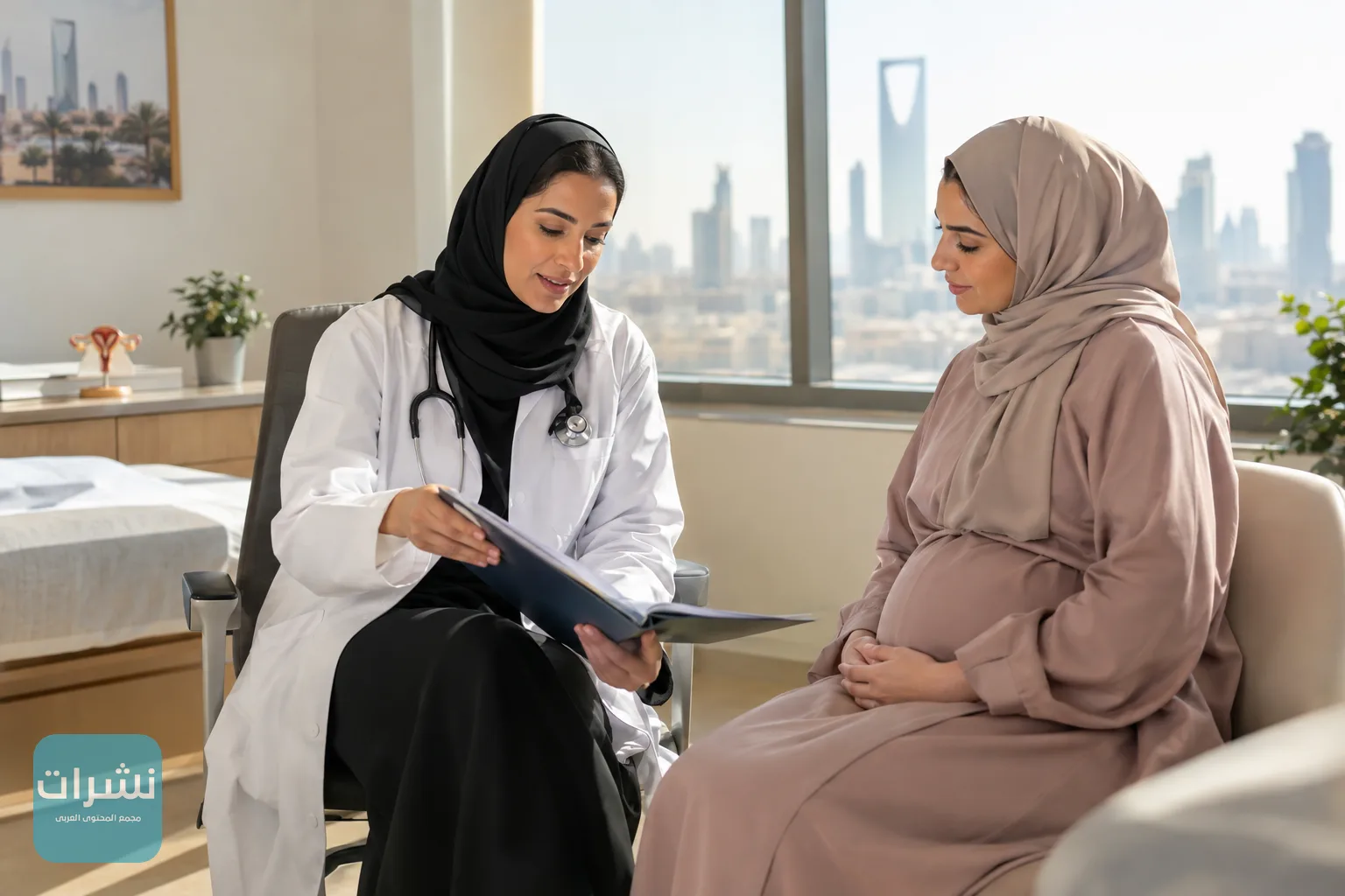 طبيبة تشرح ملاحظات في ملف طبي لامرأة حامل داخل عيادة مضيئة