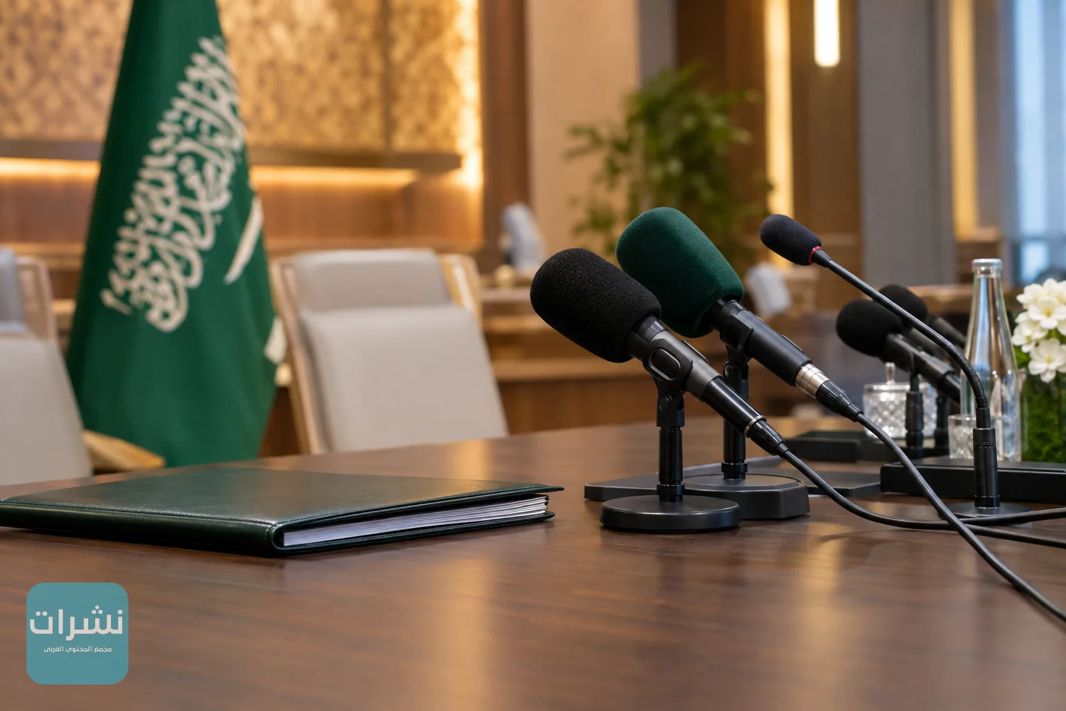 طاولة مؤتمر صحفي عليها ميكروفونات وملف أوراق في قاعة حديثة، تعبيرًا عن بيان رسمي.