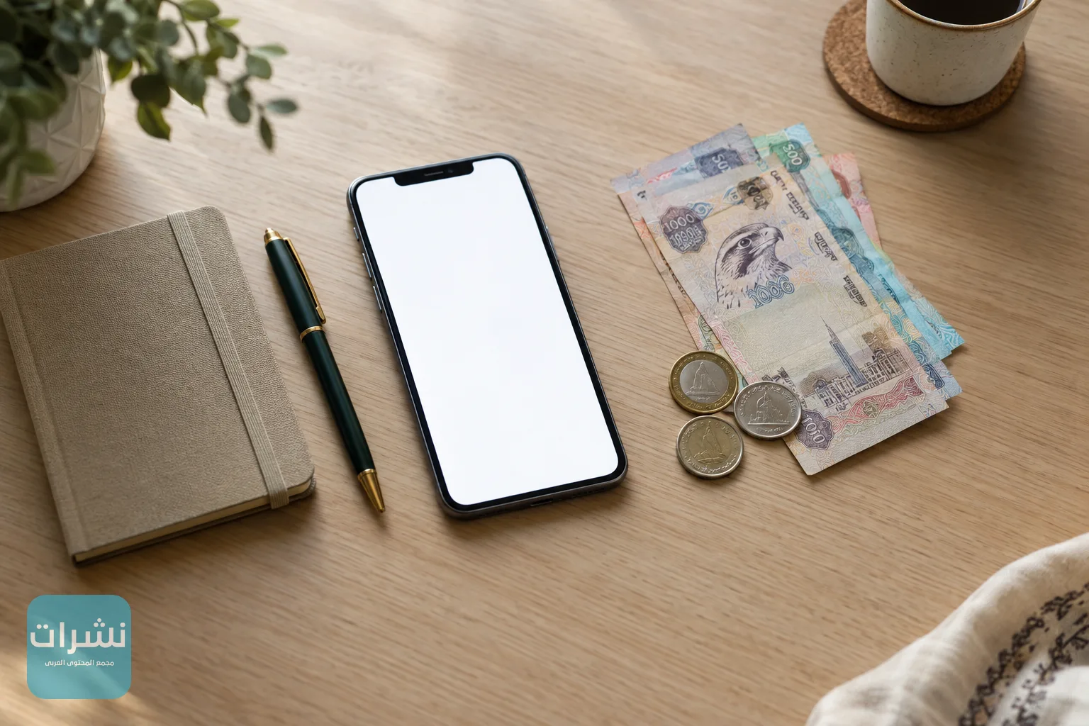 صورة علوية لهاتف ودفتر وأوراق نقدية درهم على مكتب خشبي
