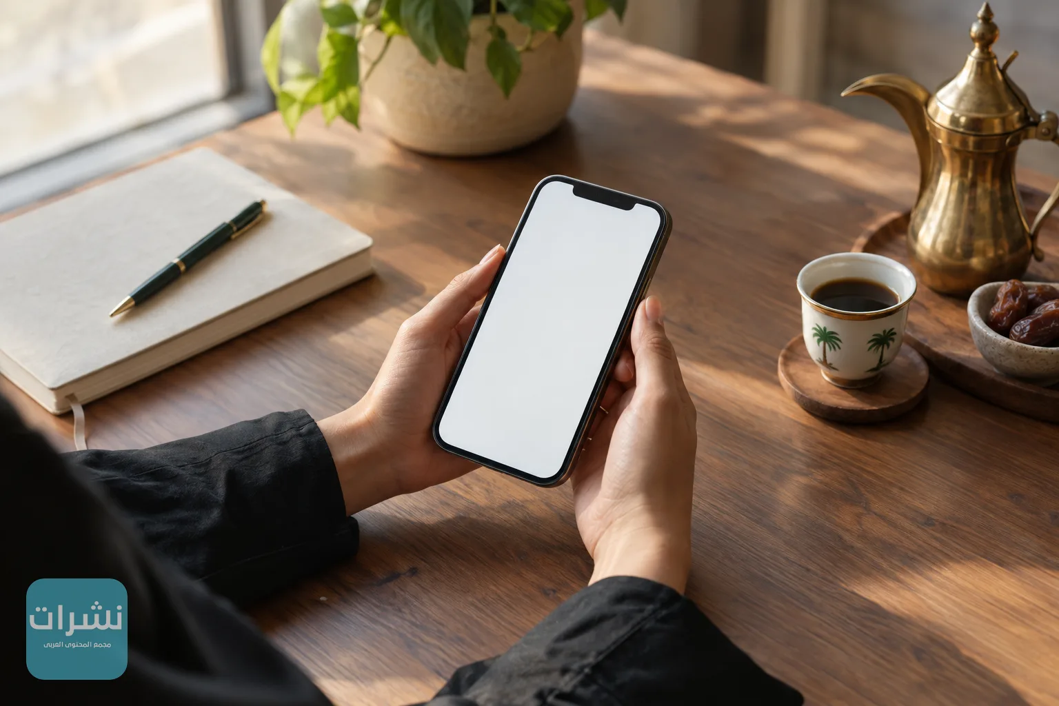 شخص يمسك هاتفًا ذكيًا فوق مكتب خشبي بجانب دفتر وفنجان قهوة