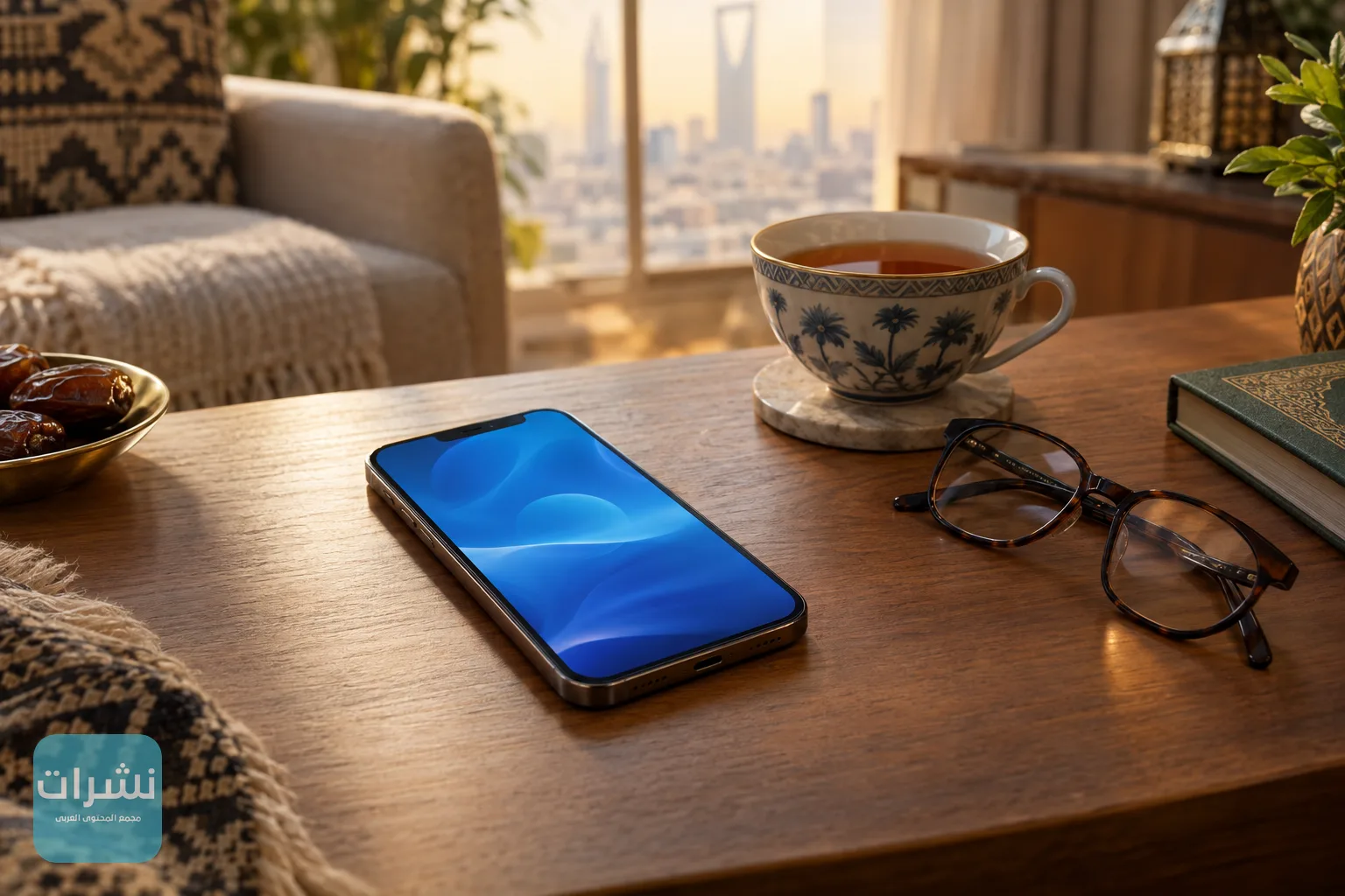 هاتف ذكي على مكتب خشبي بجوار كوب شاي ونظارة قراءة