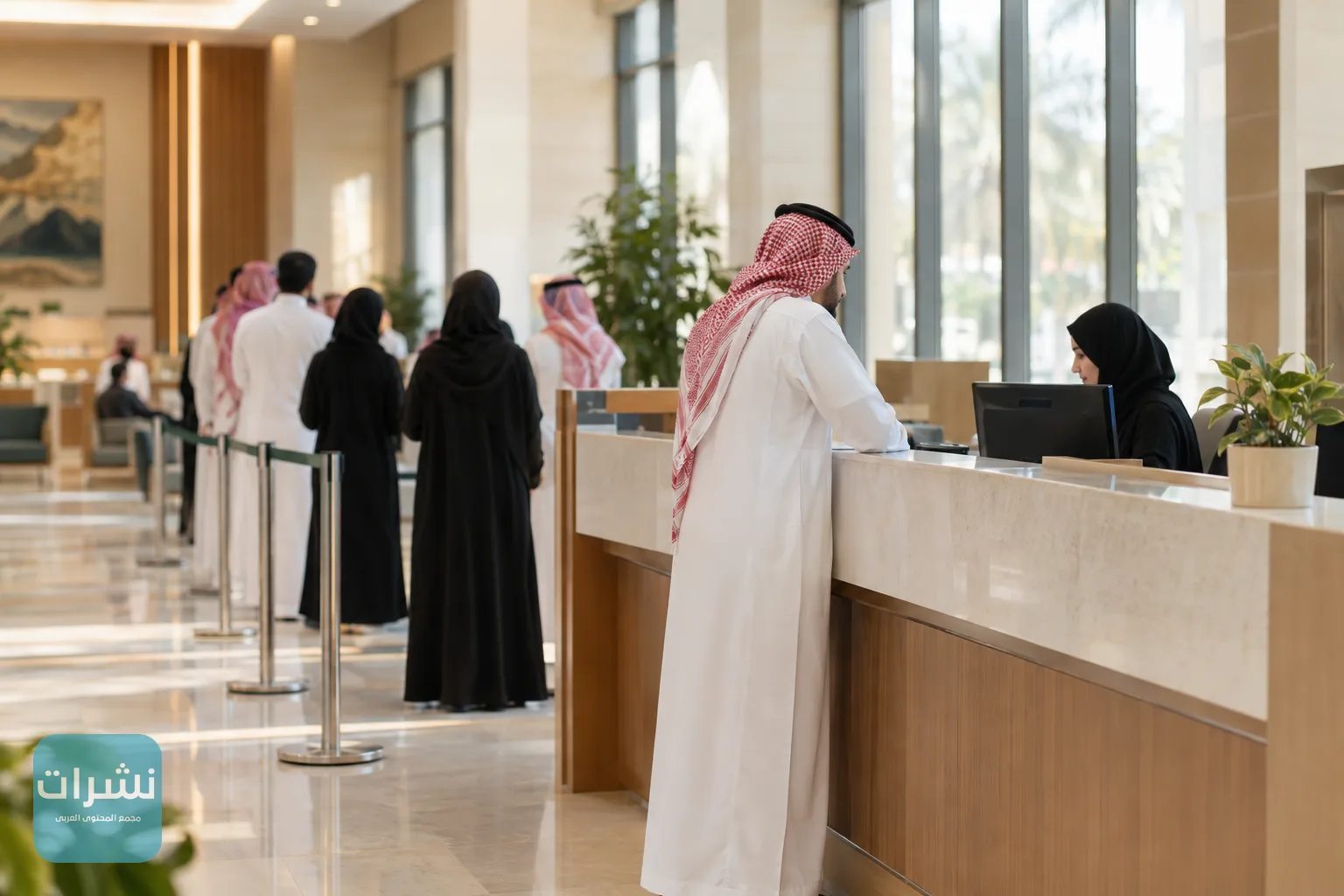 مكتب خدمة حكومي حديث بصفوف منظمة من المراجعين وإضاءة طبيعية من النوافذ
