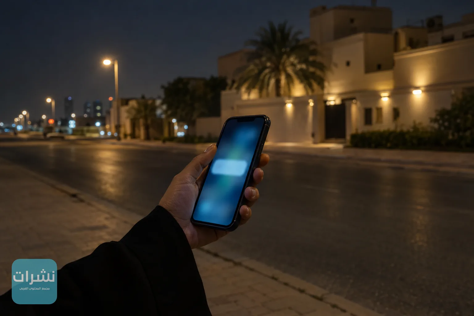 يد تمسك هاتفًا يعرض تنبيهًا عاجلًا ليلًا في شارع بمدينة خليجية