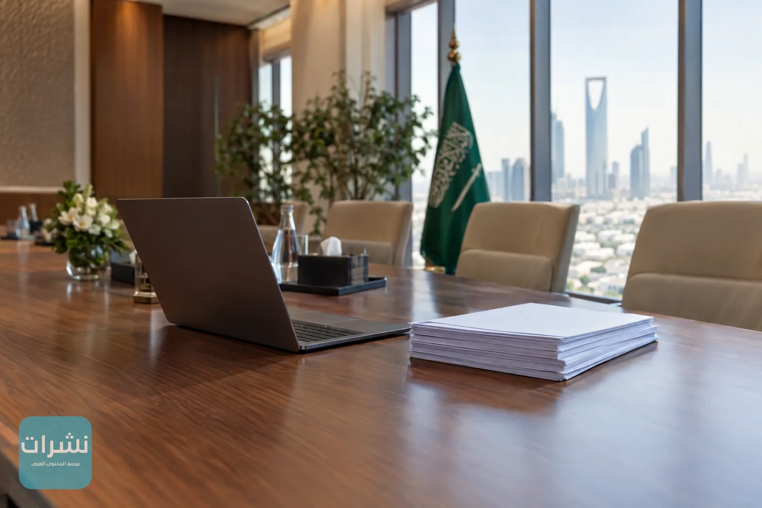طاولة اجتماع في مكتب حكومي حديث عليها حاسوب محمول ومستندات مطبوعة