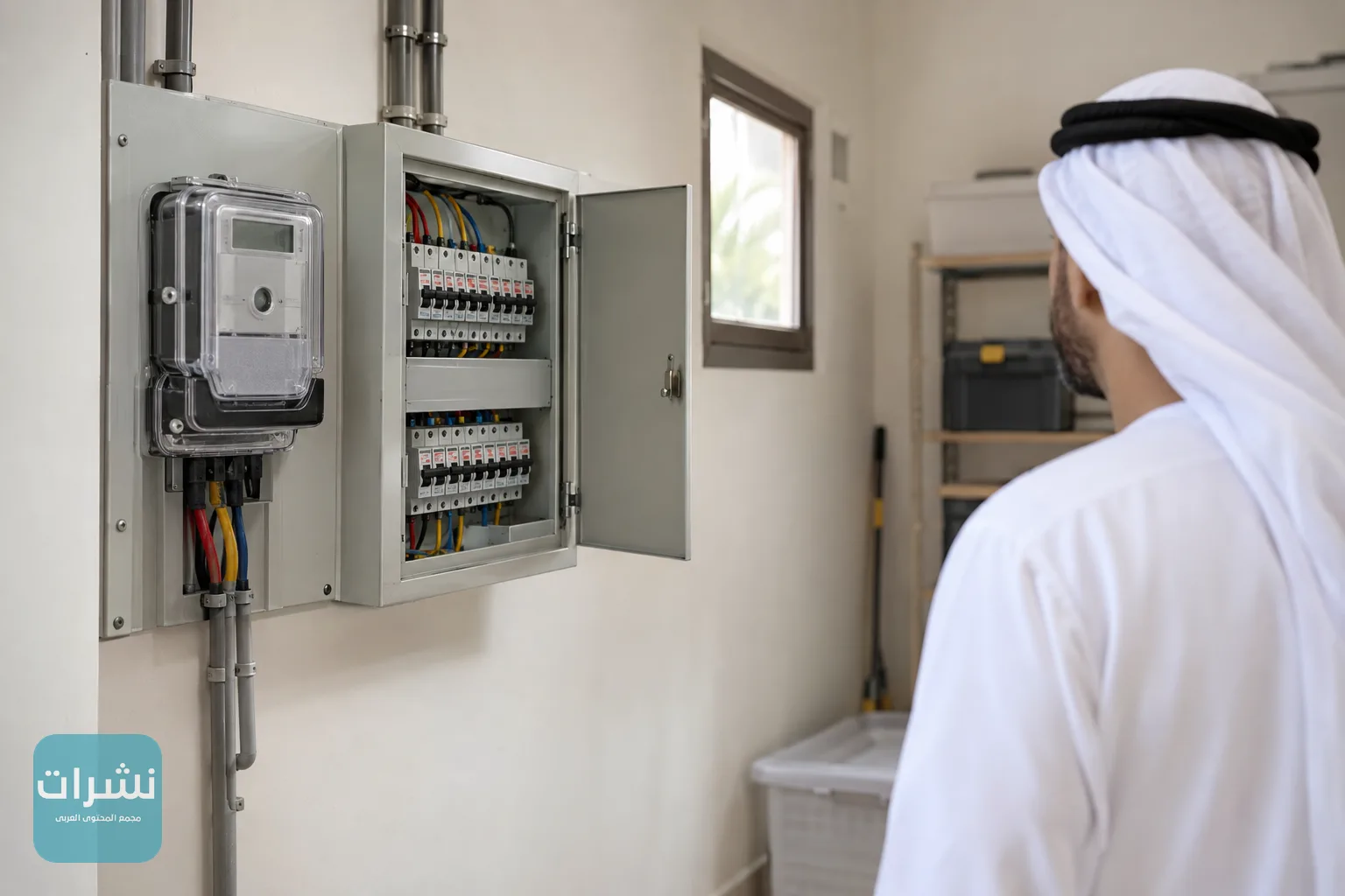 لوحة عدادات كهرباء داخل غرفة خدمات منزلية نظيفة