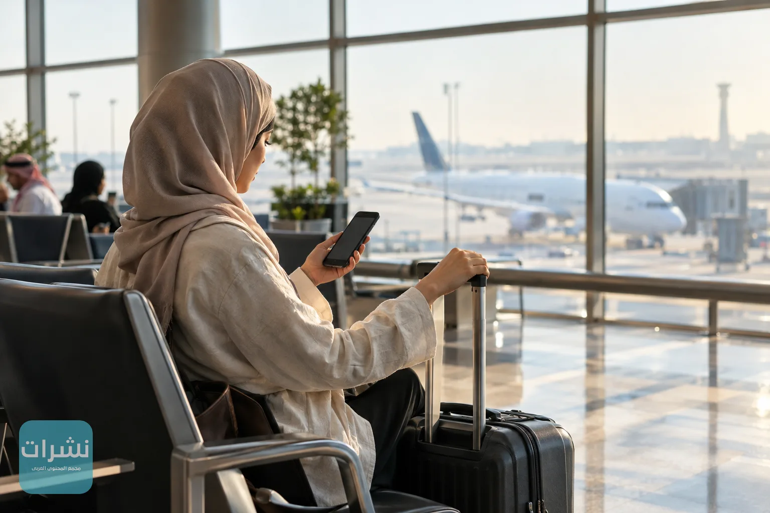 مسافر يتابع حالة رحلته على الهاتف في صالة انتظار هادئة