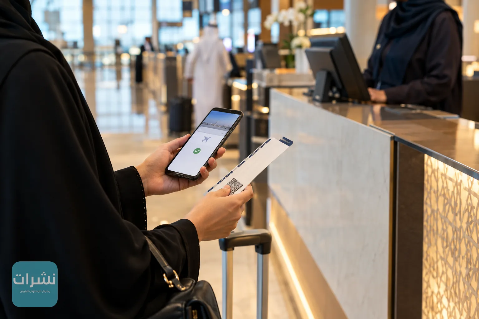 مسافر يحمل بطاقة صعود وهاتفًا أمام منضدة تسجيل في مطار