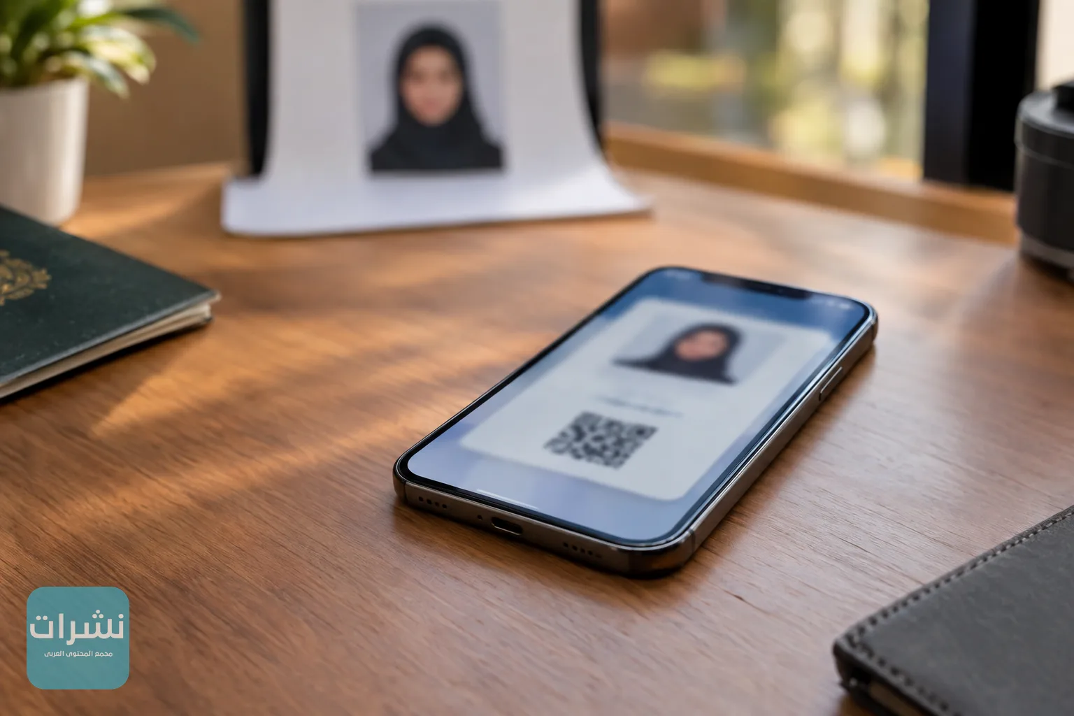 هاتف يعرض رمز QR بجوار خلفية تصوير في استوديو