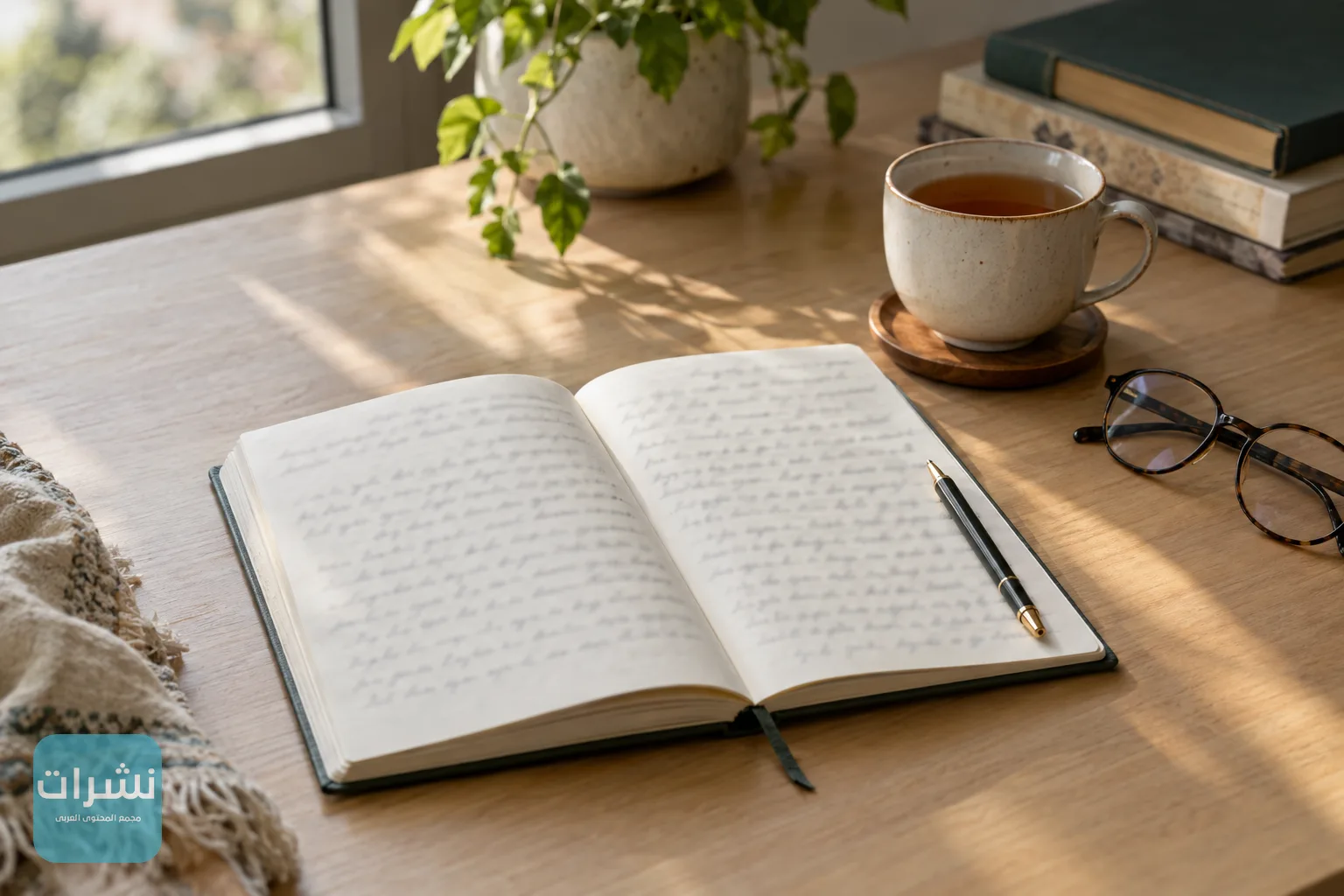 دفتر مفتوح على مكتب خشبي بجوار كوب شاي، لتوثيق الأحلام والنوم يومياً