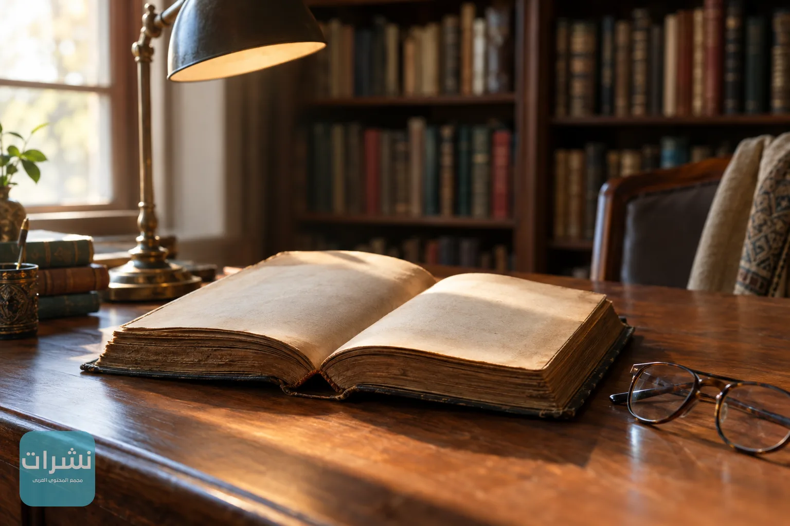 كتاب قديم مفتوح على مكتب خشبي بجانب نظارة قراءة ومصباح