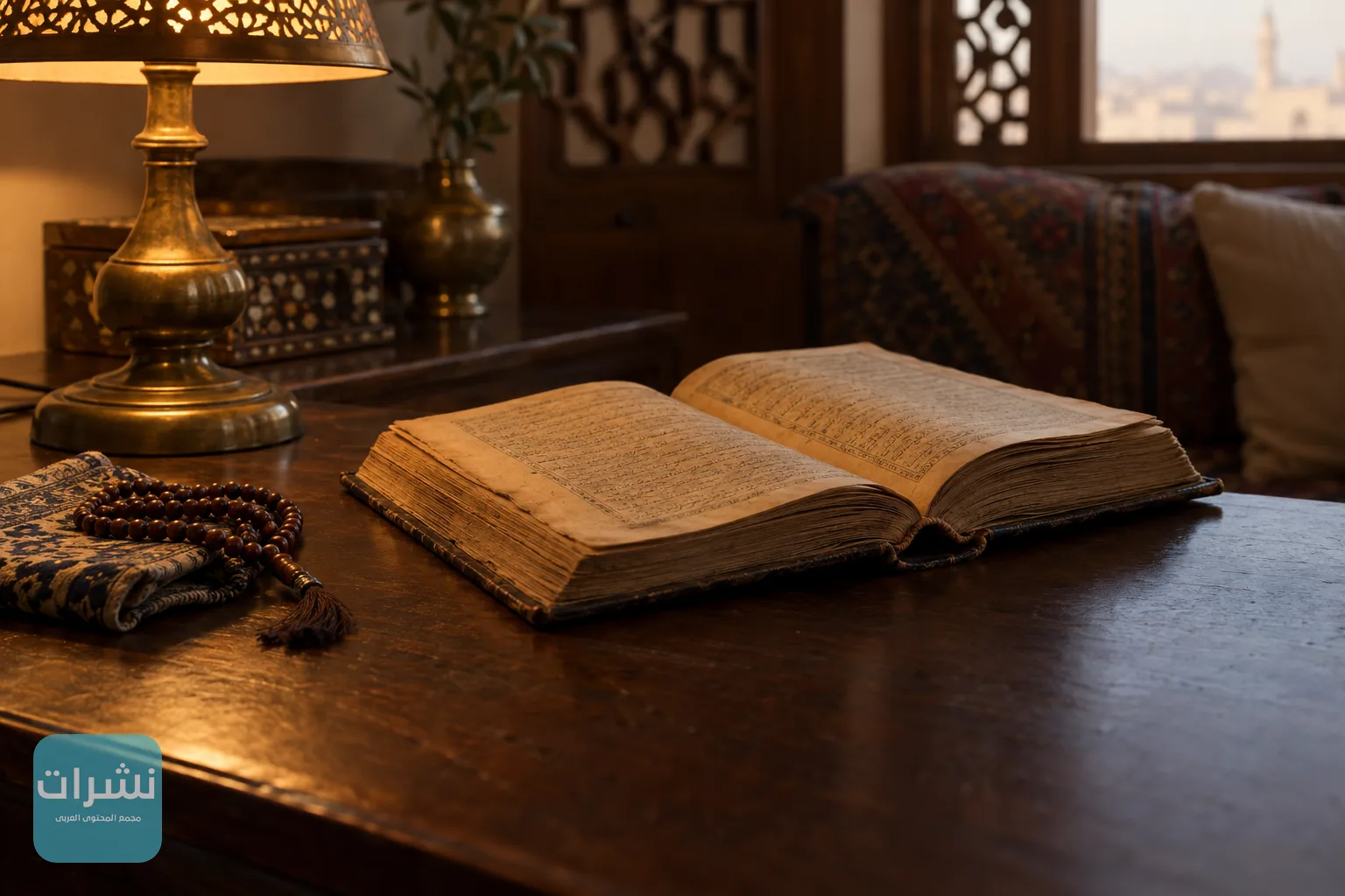 كتاب عربي قديم مفتوح على مكتب خشبي بجوار مصباح نحاسي في إضاءة دافئة