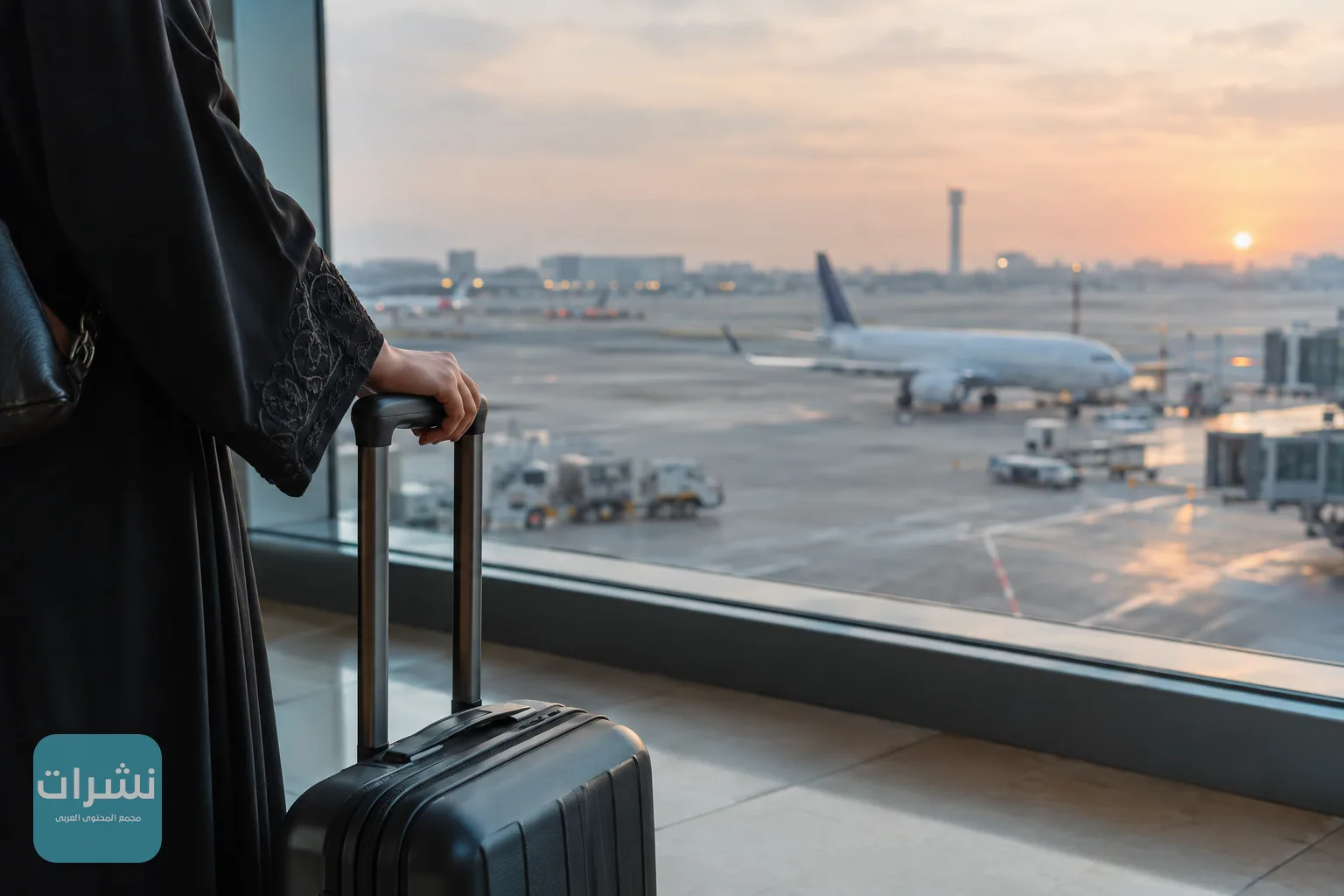 مسافر يضع يده على حقيبته أمام نافذة تطل على مدرج المطار
