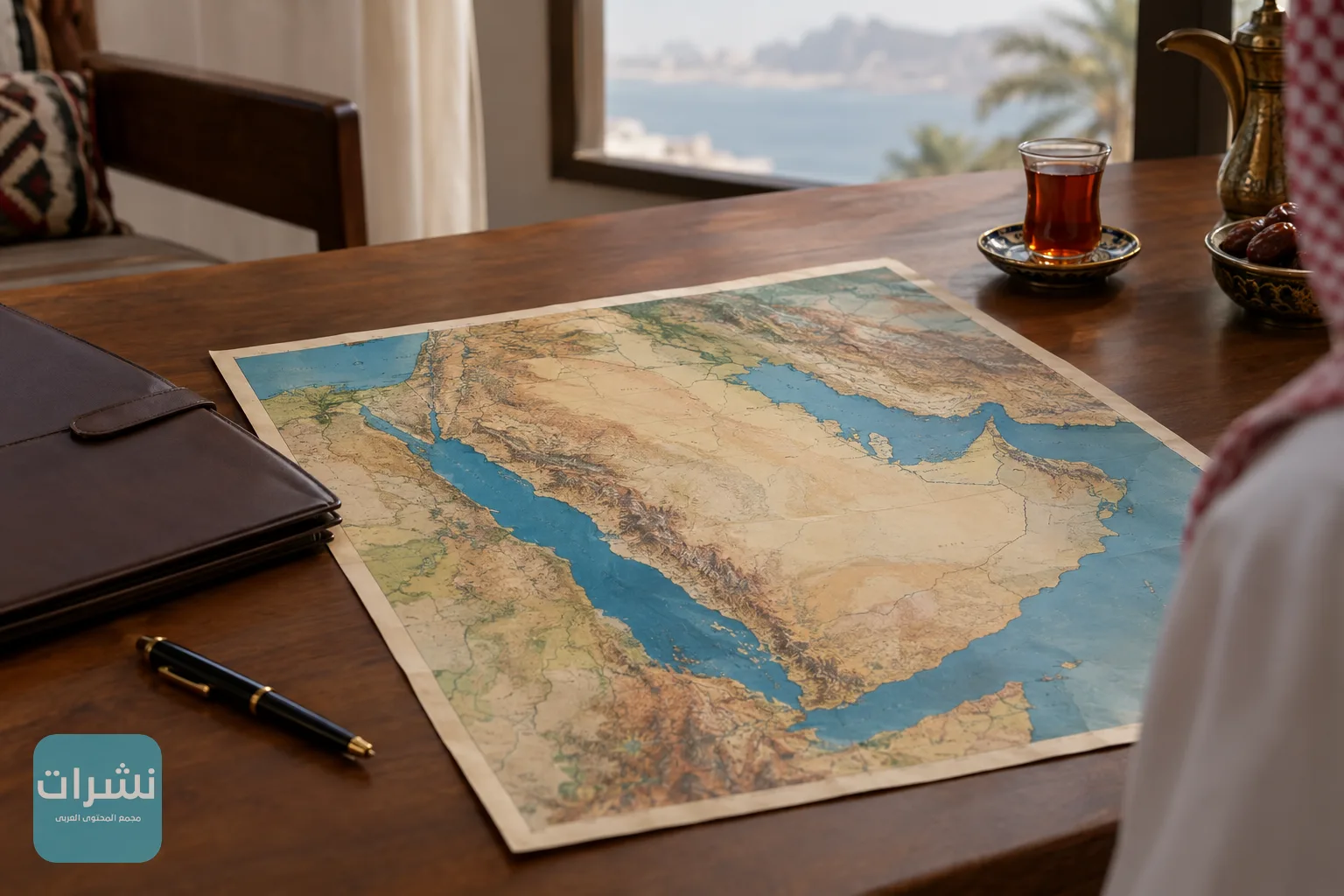 خريطة ورقية للجزيرة العربية والبحر الأحمر على مكتب خشبي مع ملف وقلم