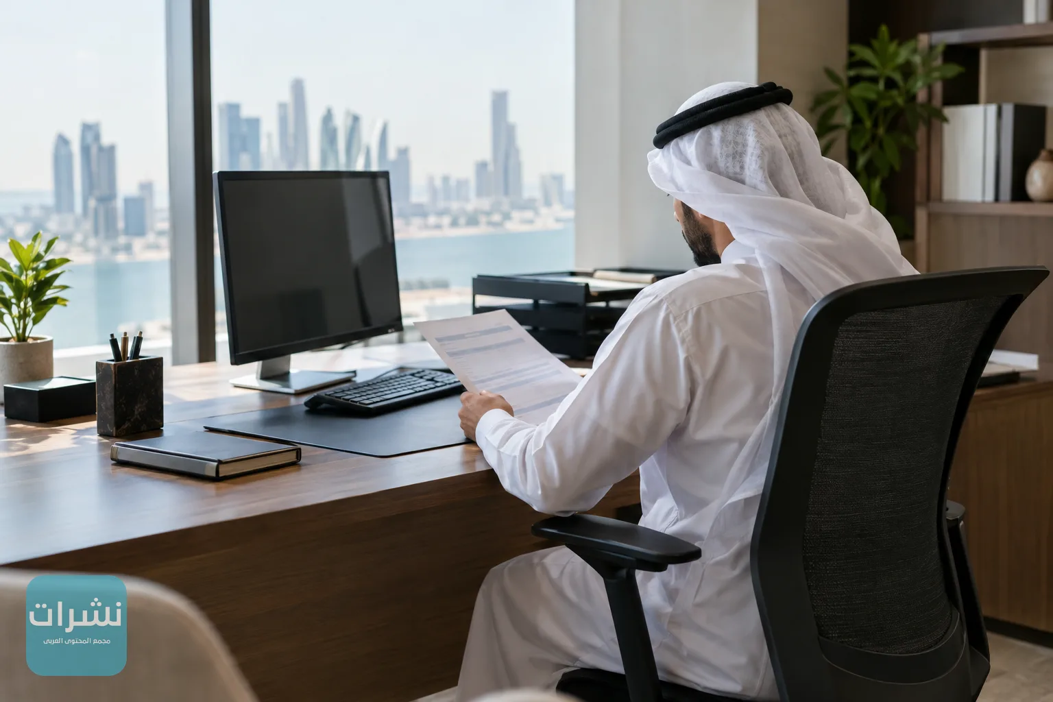 موظف إداري يراجع ورقة مطبوعة بجوار جهاز كمبيوتر في مكتب حديث