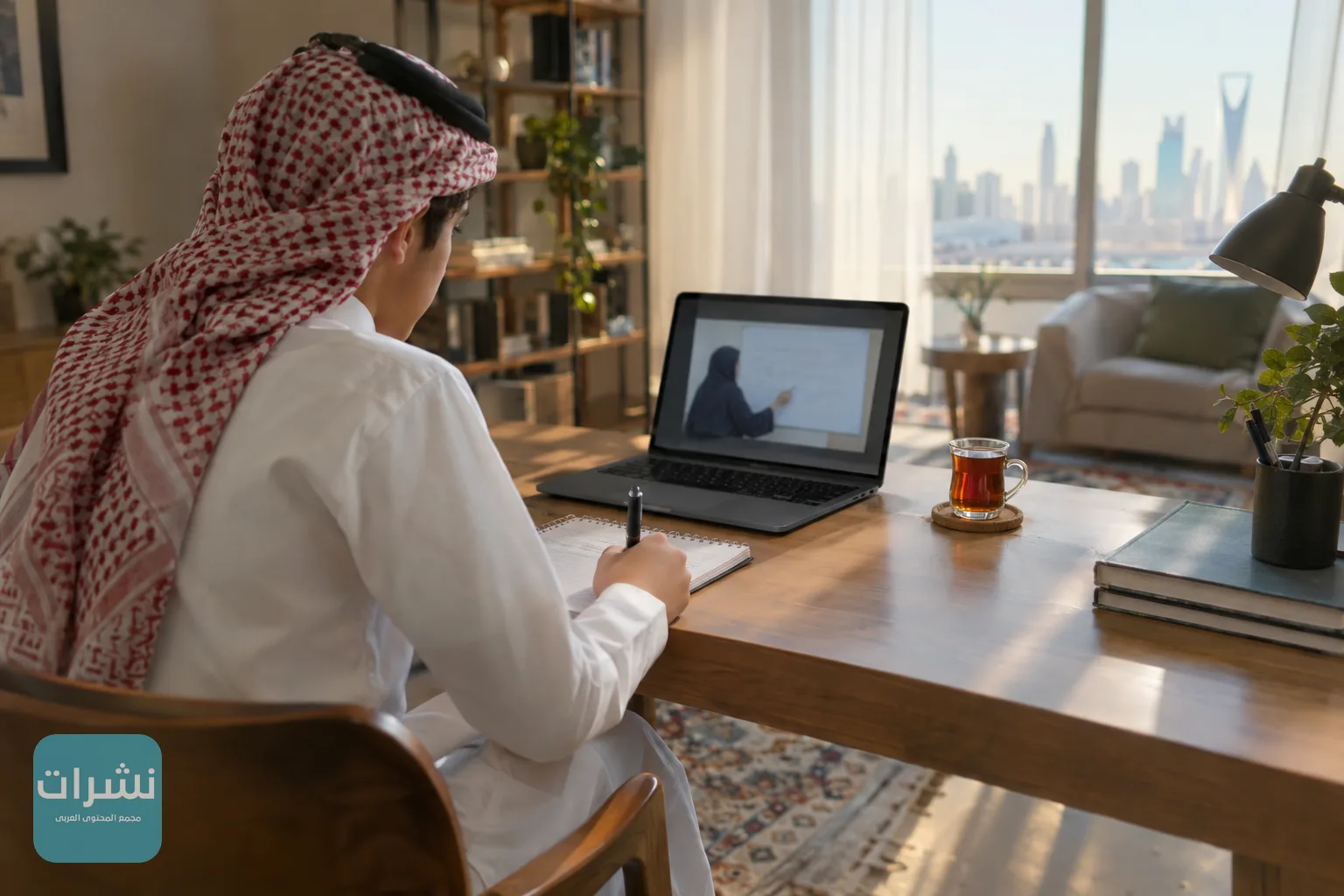 طالب سعودي يتابع حصة دراسية عبر الإنترنت من مكتب في منزله بالرياض