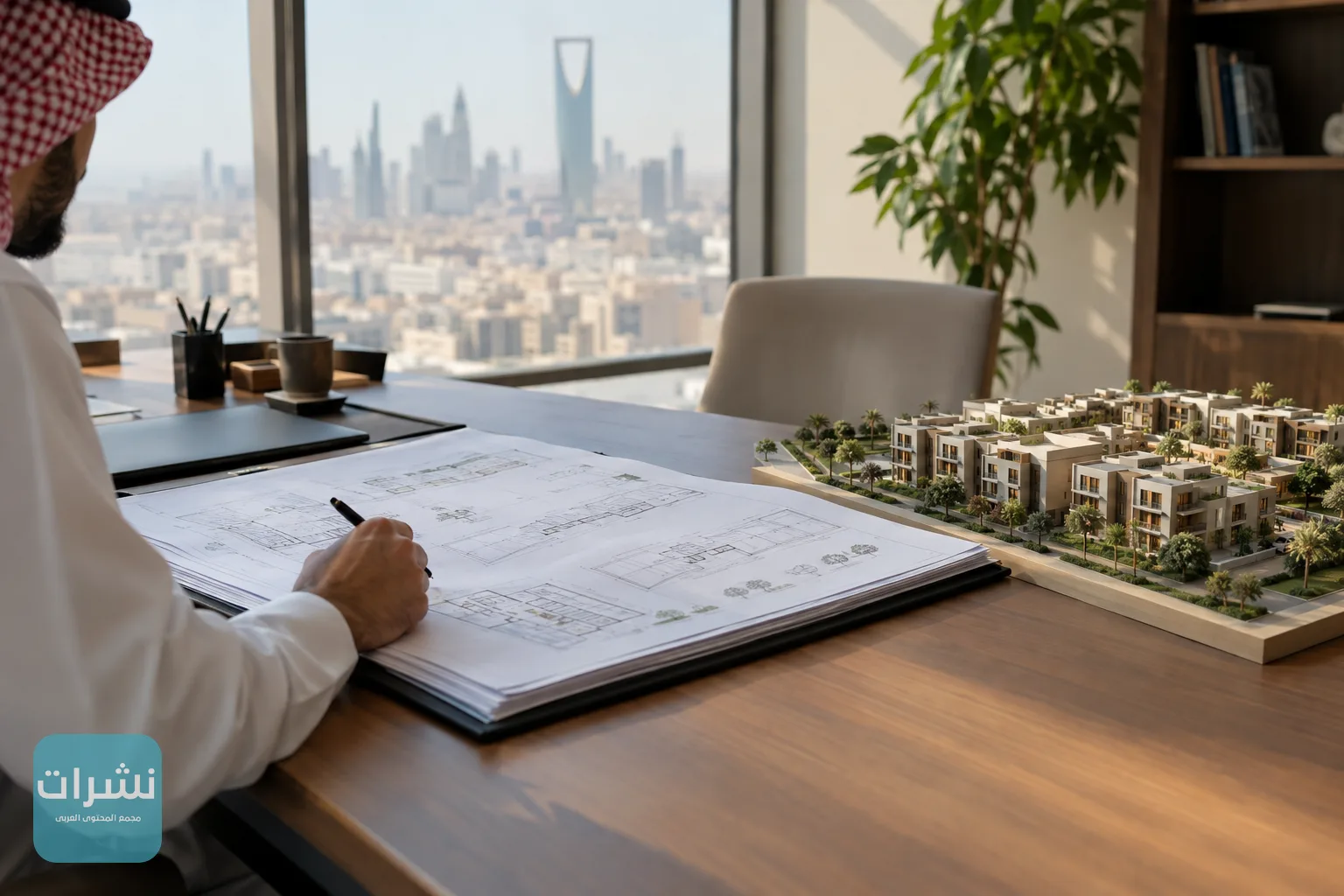 مكتب عمل عليه مخططات عمرانية ونموذج لمباني سكنية، رمزًا لملفات تملك الشركات للعقار